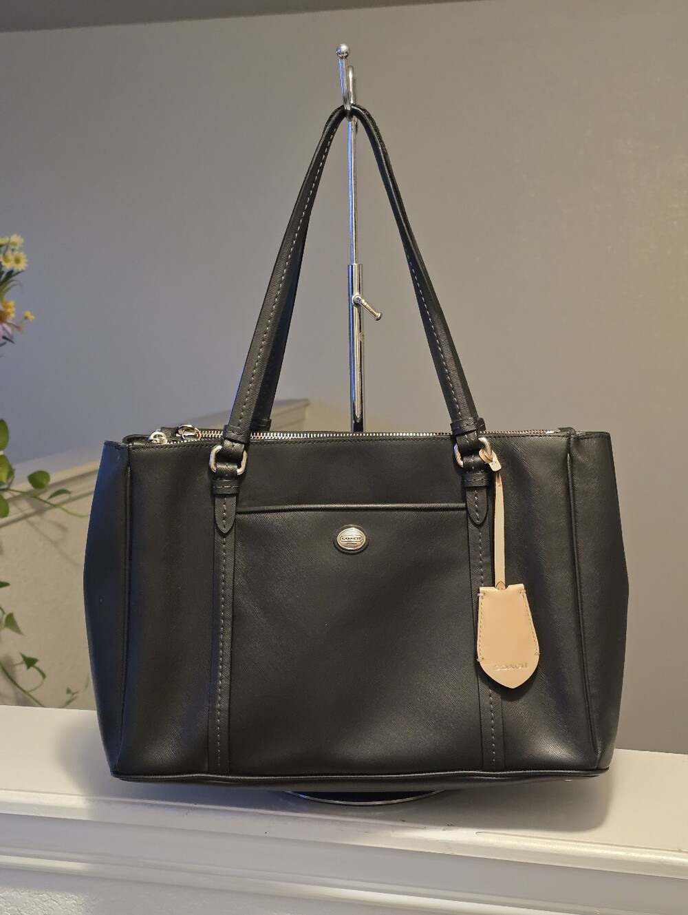 COACH Saffiano Black Leather Tote Bag  With Silver Tone Hardware #F25669